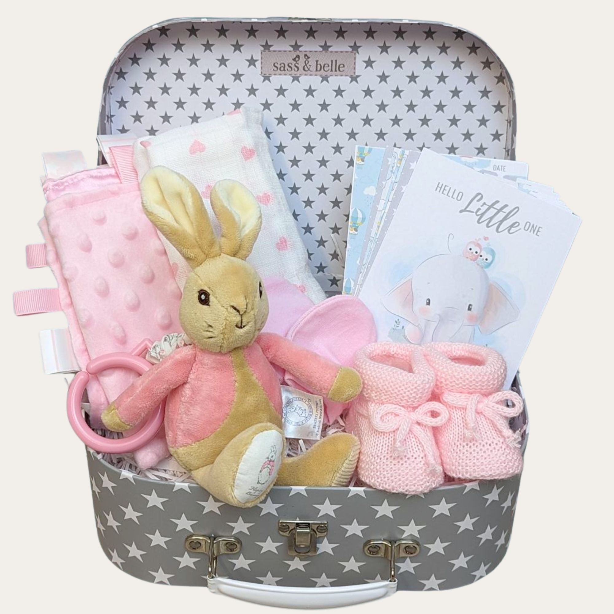 Flopsy bunny baby girl gifts keepsake hamper trunk with gifts including pink taggie blanket and muslin