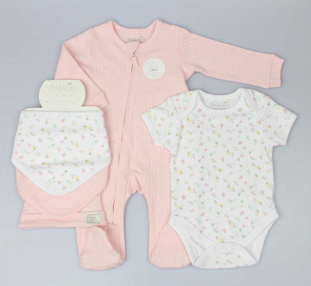 5 piece baby girls clothing gift set in pink and white with flower print