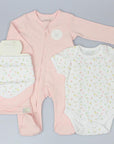 5 piece baby girls clothing gift set in pink and white with flower print