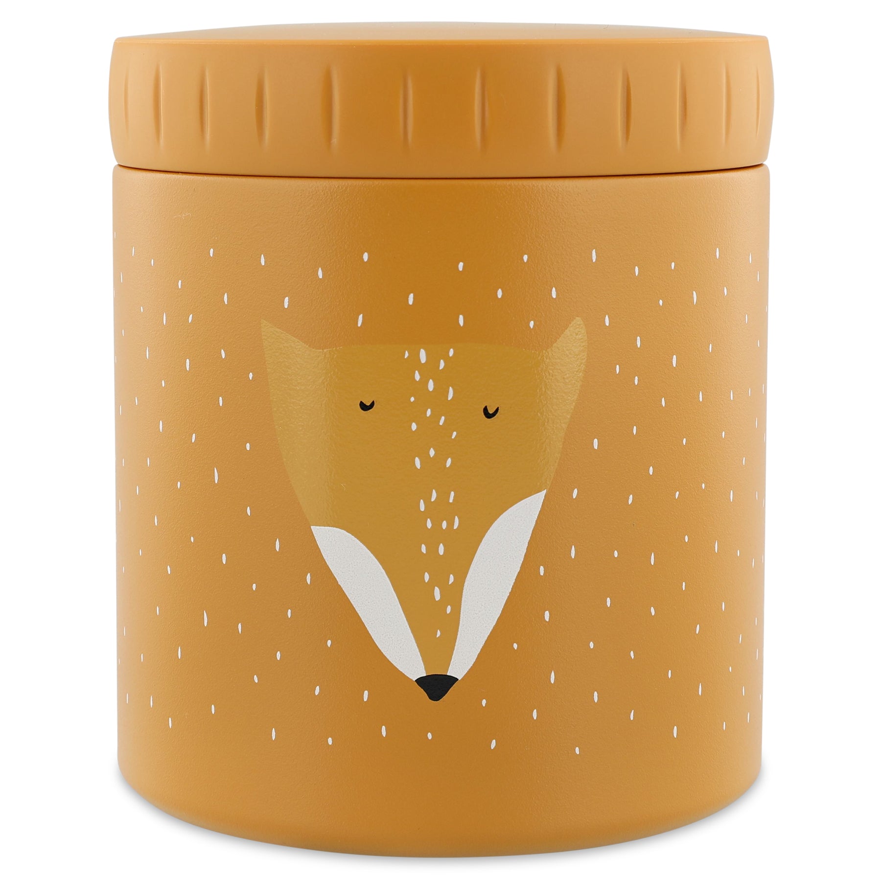 Insulated stainless steel food jar with friendly fox face, keeps food warm or cold, leakproof, lightweight, easy to open, and food-safe