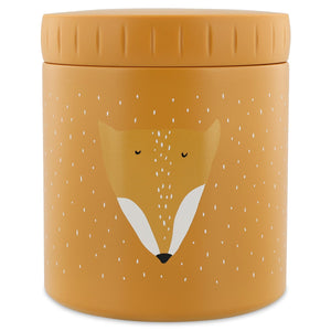 Insulated stainless steel food jar with friendly fox face, keeps food warm or cold, leakproof, lightweight, easy to open, and food-safe