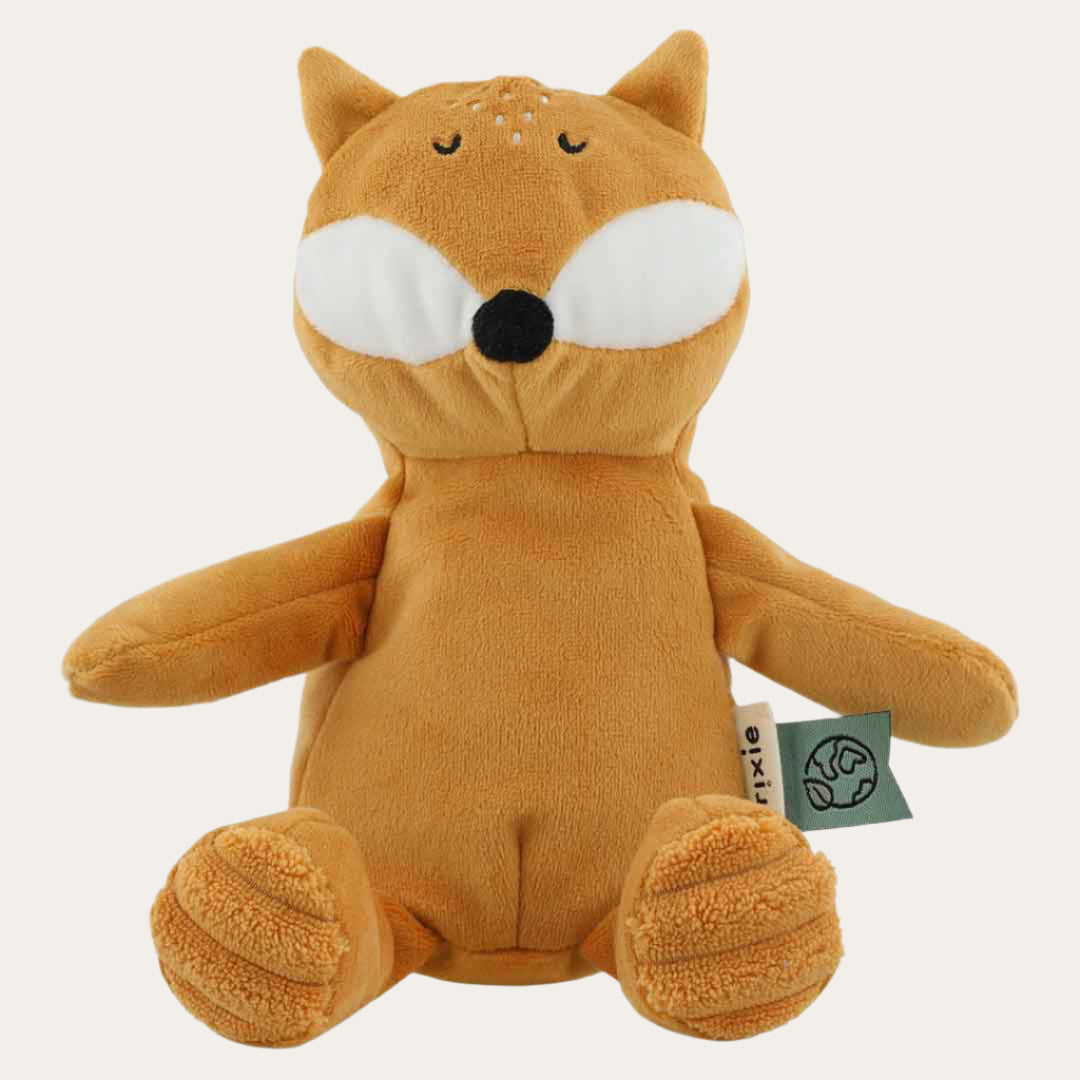 Organic Mr. Fox plush toy sitting upright, showcasing vibrant colours and soft texture