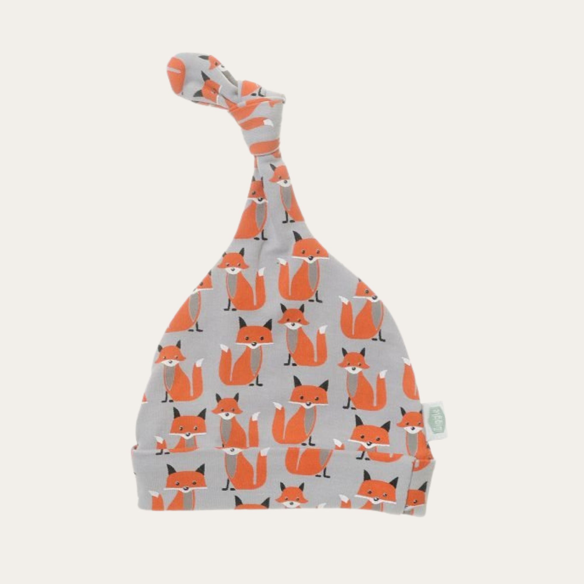 Sweet grey baby knot hat with orange fox print design. Perfect Unisex baby hat. 100% cotton. 