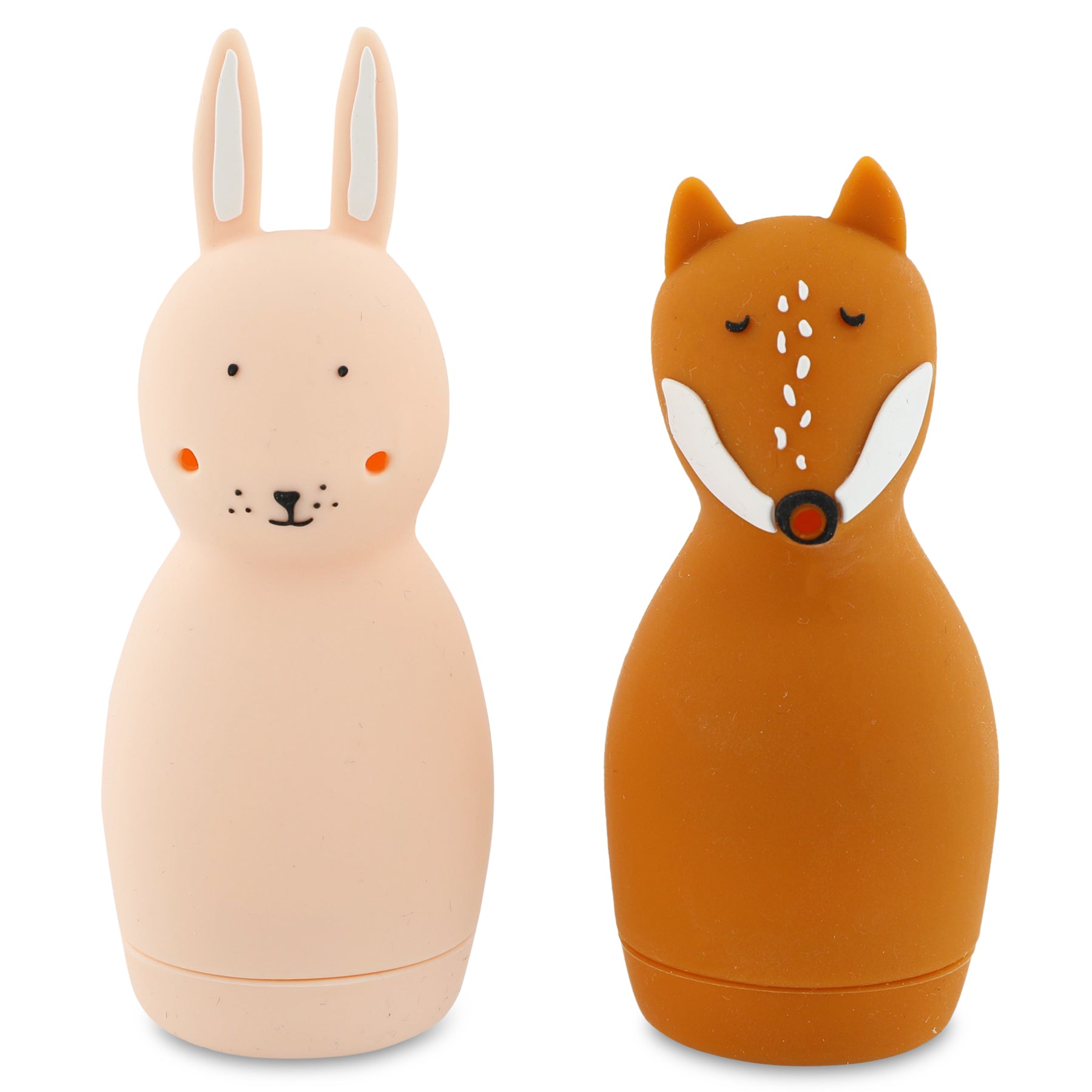 Bright, squishy fox and rabbit bath toys that sprinkle water; easy-to-clean, mould-free design helps babies build grip strength and coordination.