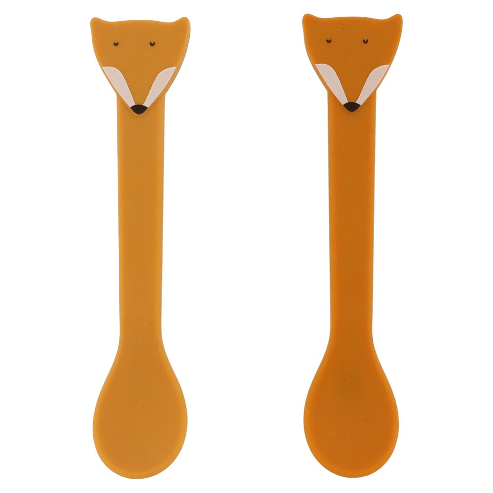 Brown fox silicone baby spoons with friendly face design and stainless steel core; sturdy, BPA-free, dishwasher safe, ideal for ages 4 months+