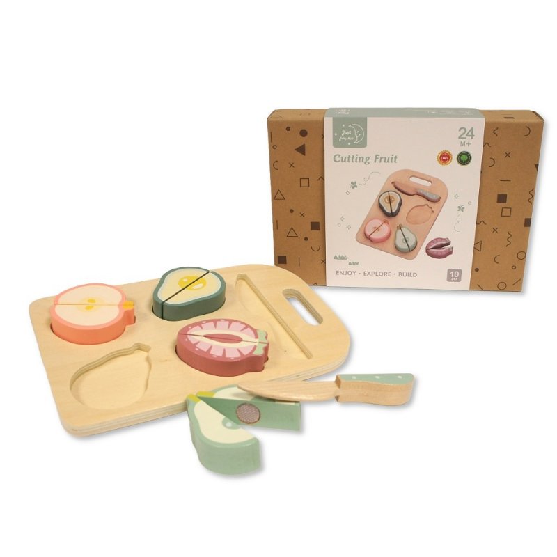 Wooden toy fruit cutting food set for toddlers with 10 pieces set.