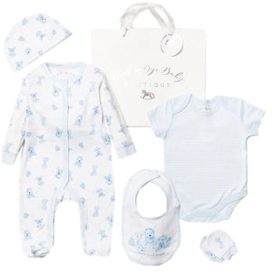 Furry Friend 5-Piece 100% Cotton Clothing Gift Set with All-in-One sleepsuit, cosy bodysuit, matching hat, practical bib, and adorable mittens. Perfect for newborns