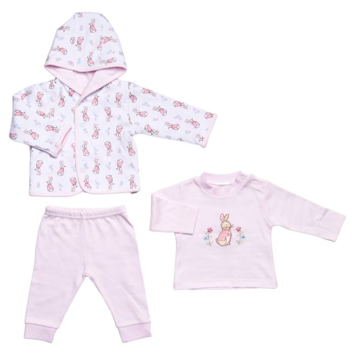 3 piece pink bunny clothing set containing long-sleeve hooded jacket, long-sleeve top and trousers