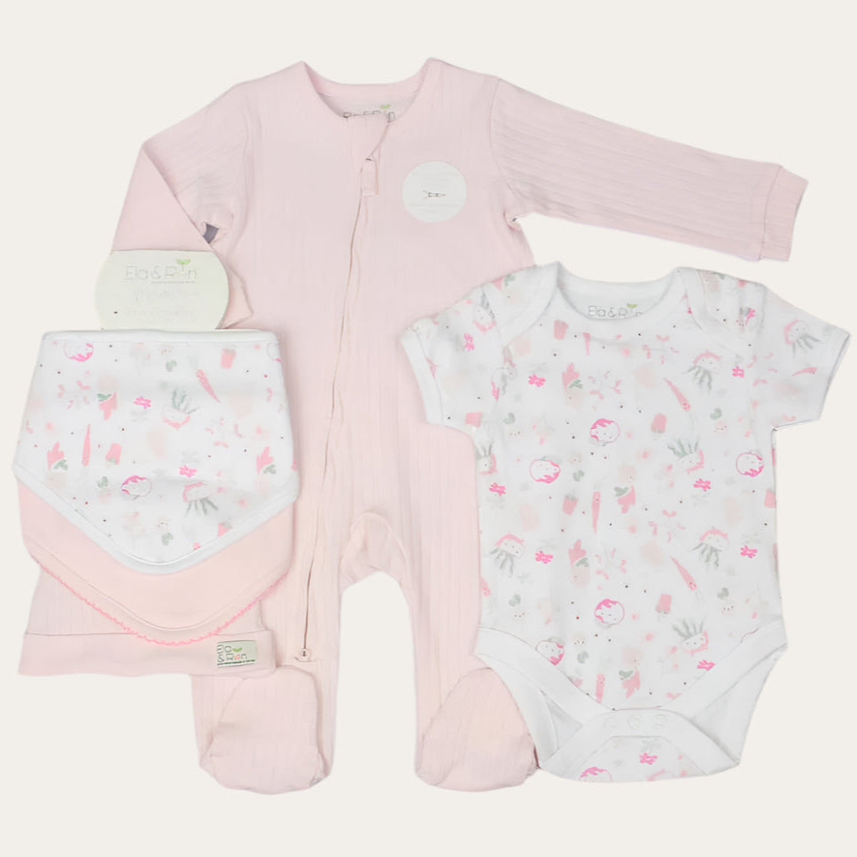 Plants Five-Piece Baby Clothing Set in Pink/White, including ribbed all-in-one, bodysuit, 2 bibs, and hat, for 0-9 months