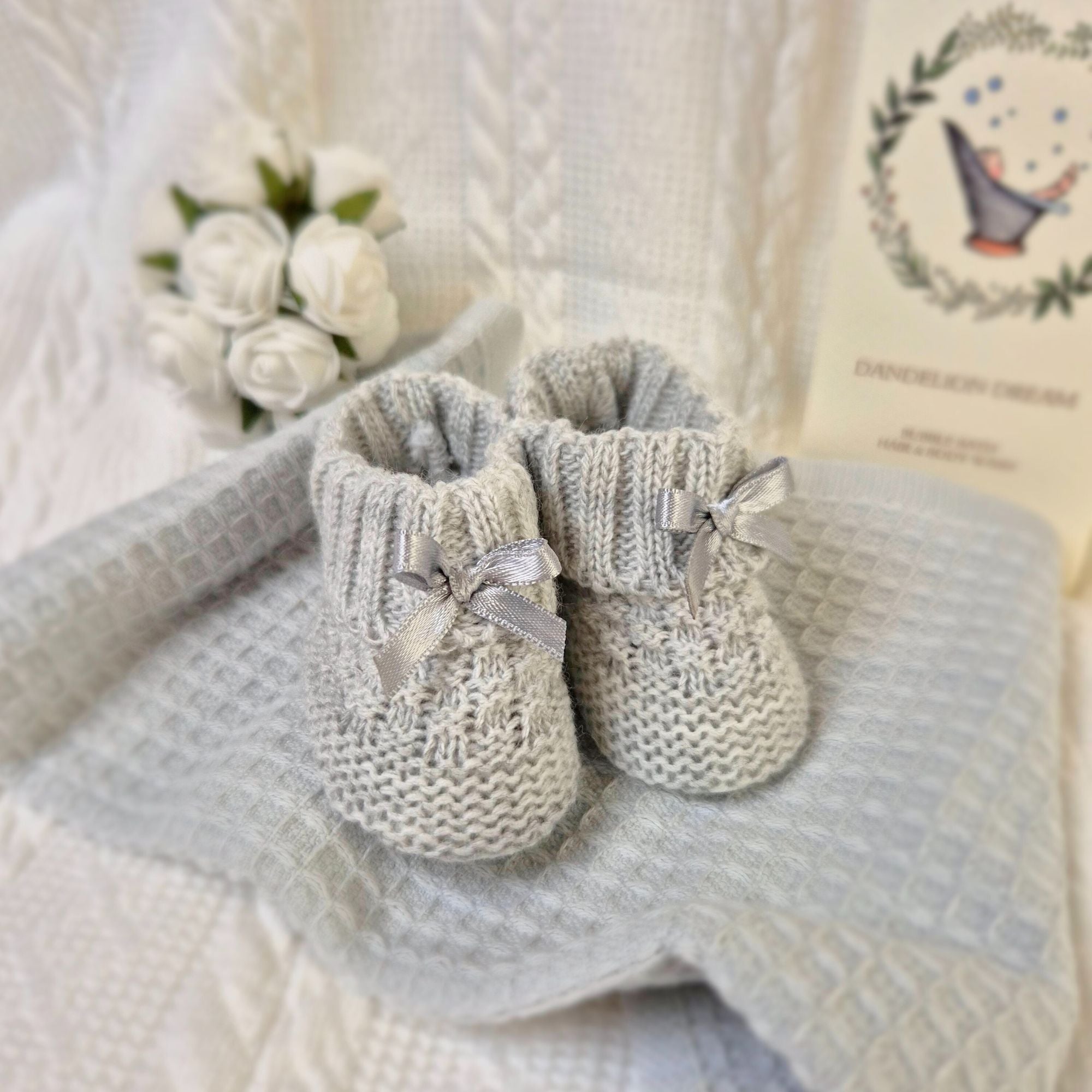 Grey check knit design soft baby booties age 0-6 months. Unisex gifts. Bumbles and boo. 