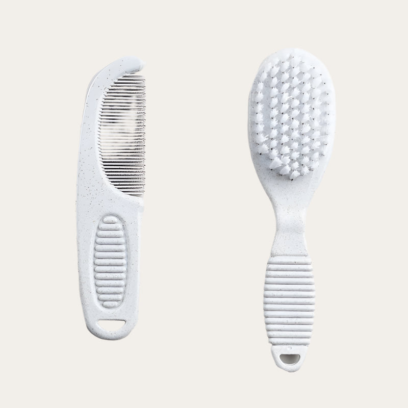 grey deluxe baby brush and comb set made from 80% PP and 20% wheat fibre, gentle and eco-friendly for delicate baby grooming