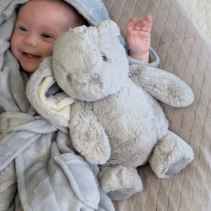 Grey rabbit soft toy with long ears that can be personalised.