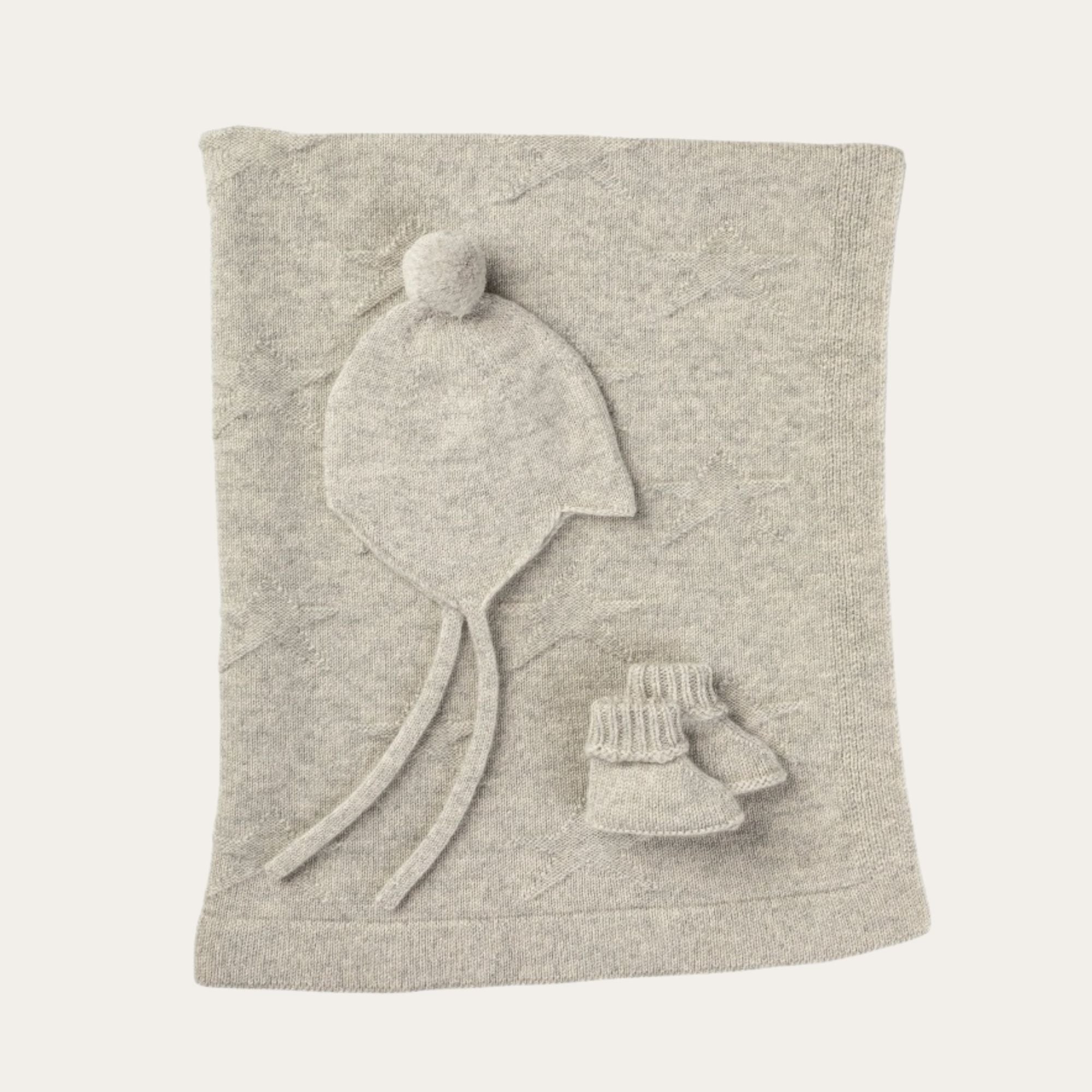 grey cashmere set with a bobble hat, baby cashmere booties and baby blanket