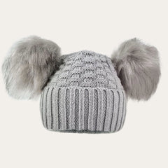 Baby Grey Checked/Striped Knit Hat with Faux Fur Double Pom Poms