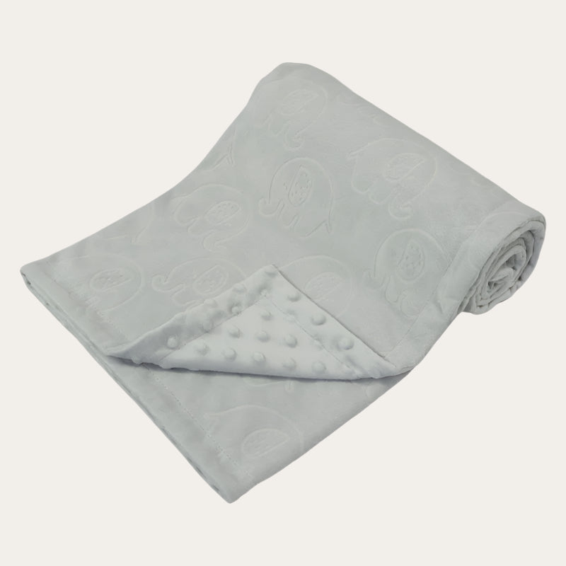 grey mink baby blanket with elephant embossed front and bubble wrap back – 75 x 100cm.