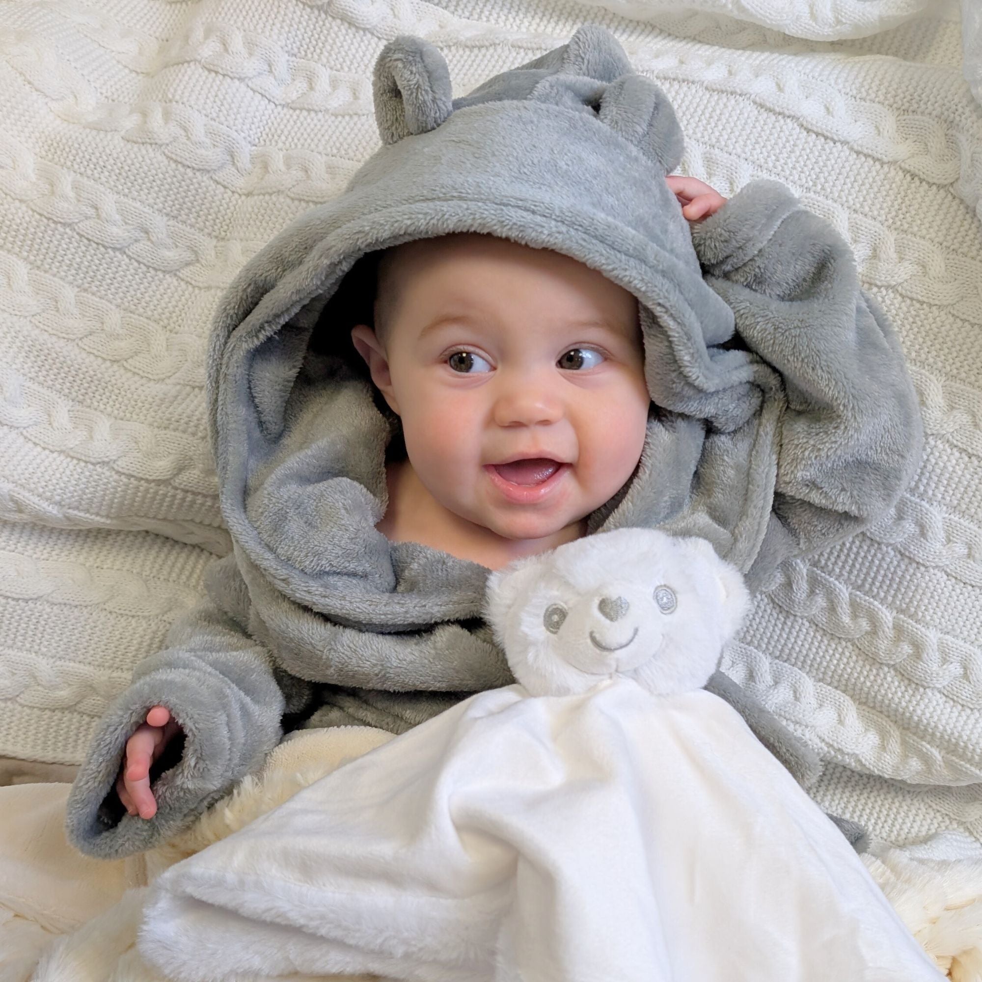 grey hooded baby bath robe which can be personalised, bumbles and boo