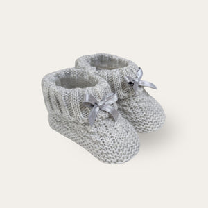 Grey knit baby booties.