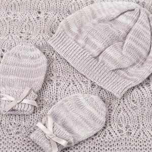 Luxury delicate grey knitted baby set including a hat, mittens and shawl. Ideal new born gift set. 