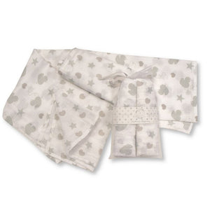 Twin pack of 100% cotton grey and white muslins.  One with star and heart pattern and one with ducks and stars