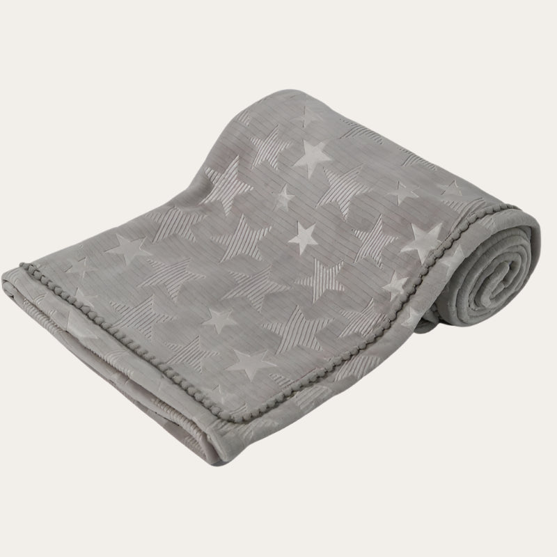 Grey star embossed mink wrap with pom pom trim – baby blanket 75 x 90cm