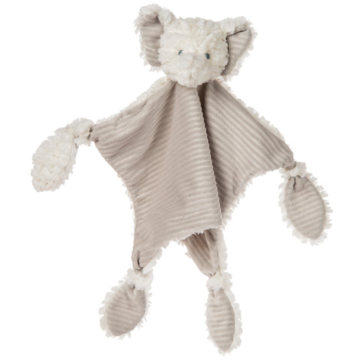 An grey and white elephant comforter soother blanket with knotted limbs and a personalisable tummy