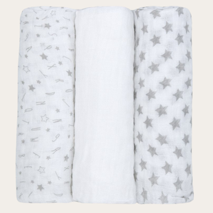 3-pack grey and white muslin baby blankets, 100% breathable cotton, soft and lightweight; perfect for swaddling, nursing, or gifting.