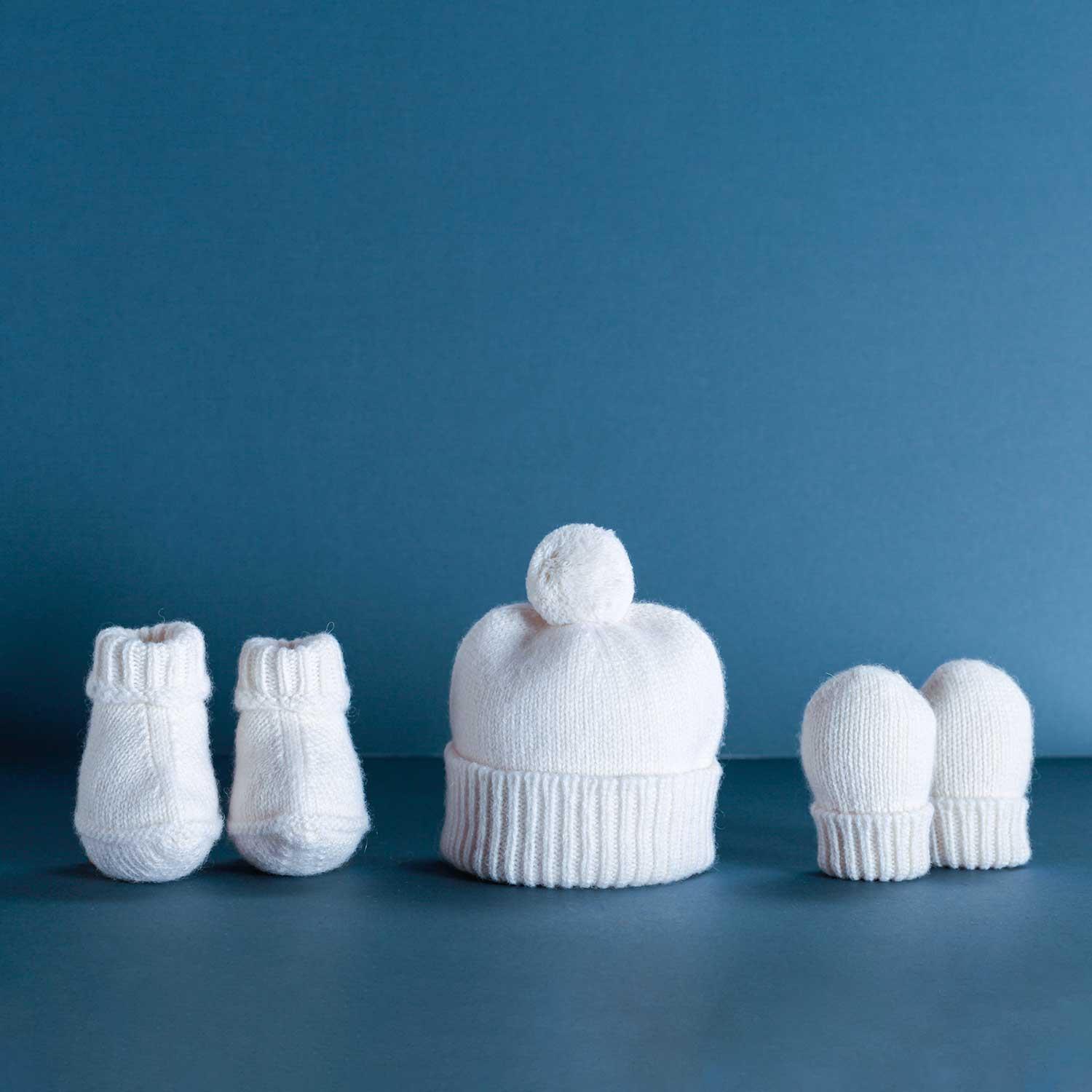 Cashmere Ivory Baby Gift Set - Blanket, Pom Pom Hat, Booties and Mittens, Baby Blanket, Hat & Booties Gift Set