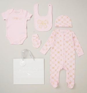 Hearts and Bows Baby Girls Pink 5-Piece 100% Cotton Clothing Gift Set with All-in-One sleepsuit, cosy bodysuit, matching hat, practical bib, and adorable mittens. Perfect for newborns