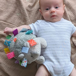 Heather hedgehog baby toy with sensory ribbons and a surprised looking baby.