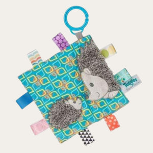 Crinkle sensory soft taggie toy in bright colours with squeaker and attractive hedgehog characters and clip for pram or stroller. 