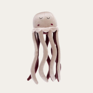 Knitted organic sensory jellyfish soft toy for babies and children. The tactile tentacles are Ideal for baby development and perfect for little hands to grasp. In blush pink and burgundy colours. 