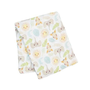 Large cotton muslin swaddle blanket with jungle animal print measuring 100 x 100cm which can be used as a swaddling blanket, nursing cover up, buggie cover or burp cloth