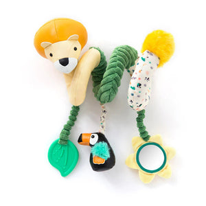 A jungle inspired activity spiral sensory toy,  ideal for a car seat, cot or pushchair