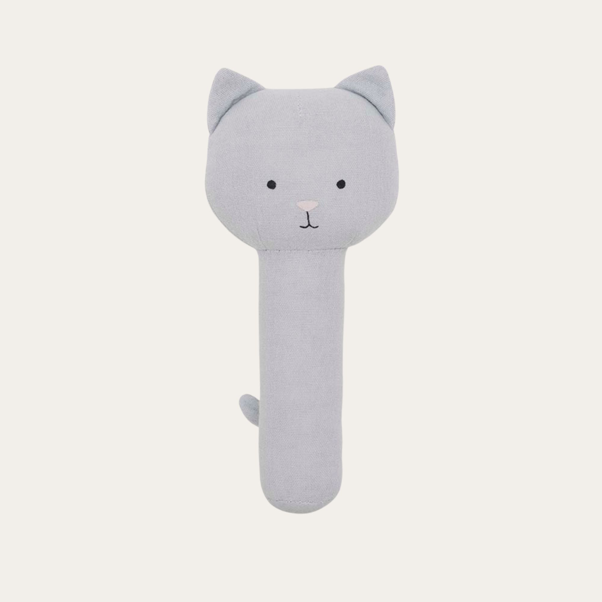 Soft cute Kitten rattle stick grey sensory Toy - 100% cotton. Suitable from birth. 