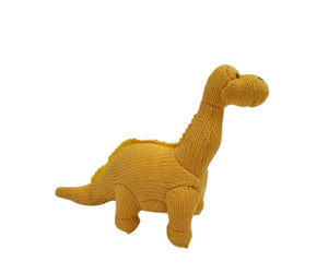 Soft knitted yellow diplodocus dinosaur rattle toy