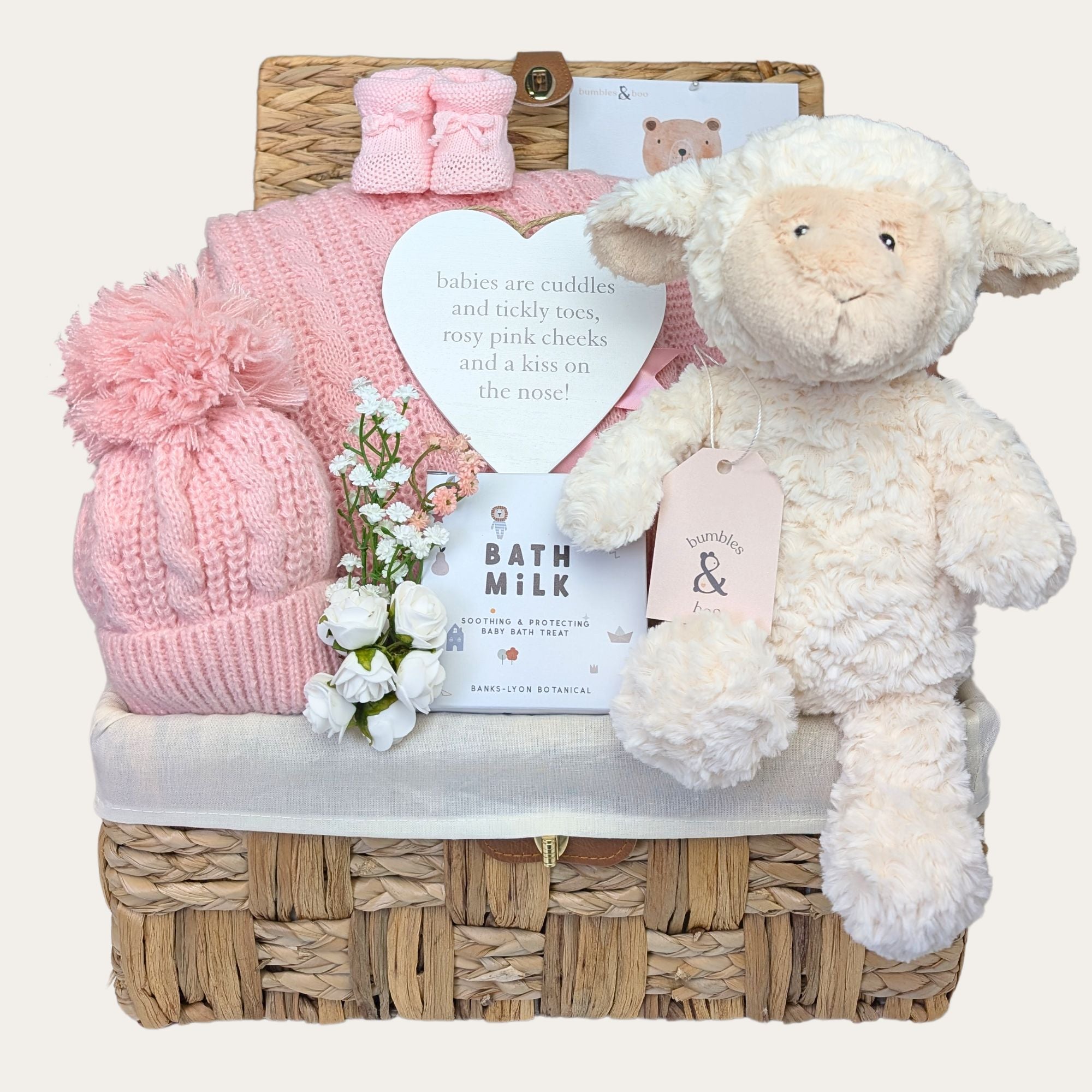 baby girl hamper basket with lamb, organic skincare and blanket and hat set. Bumbles and Boo.