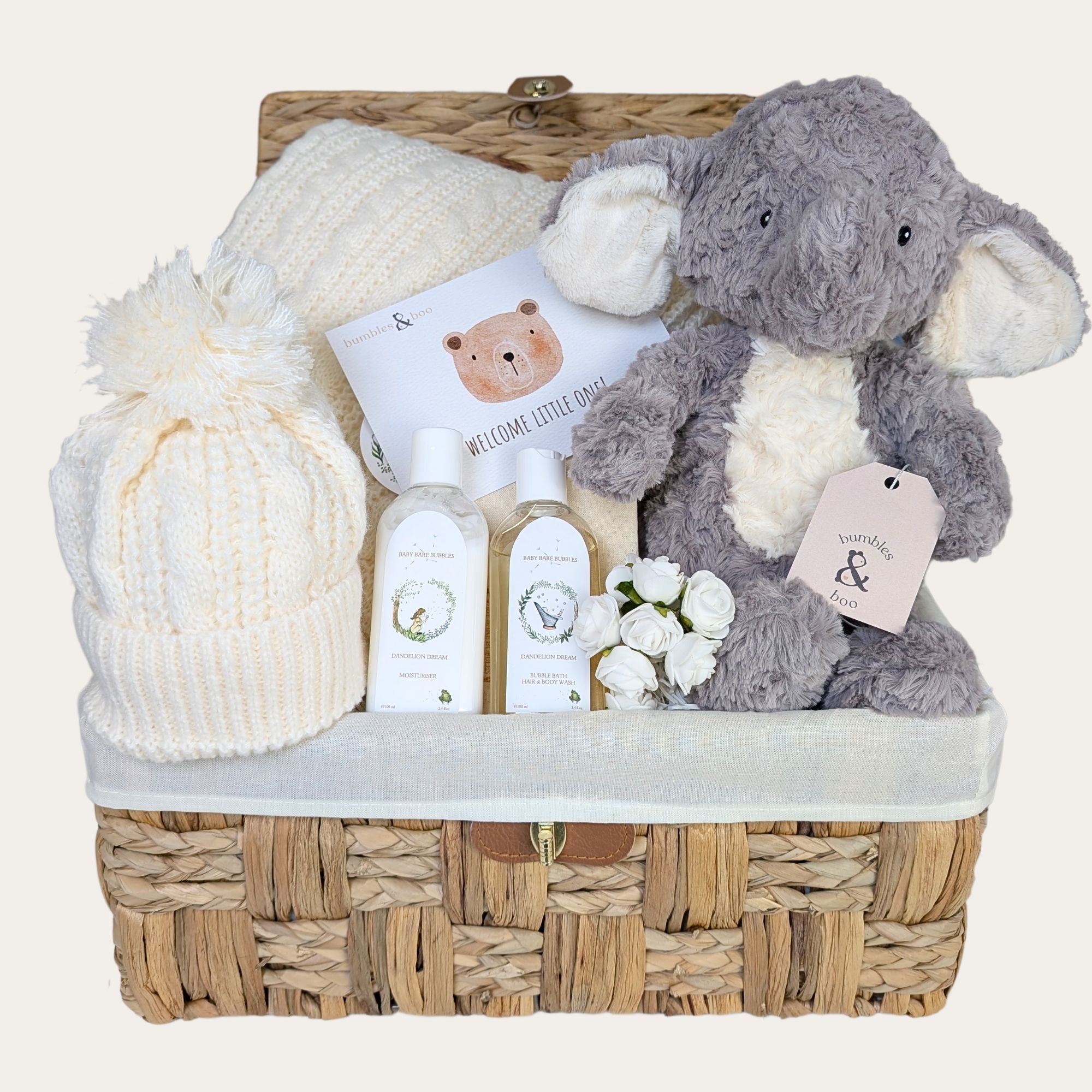 baby gift basket with elephant, cream blanket and hat set plus organic skincare. Bumbles and Boo.