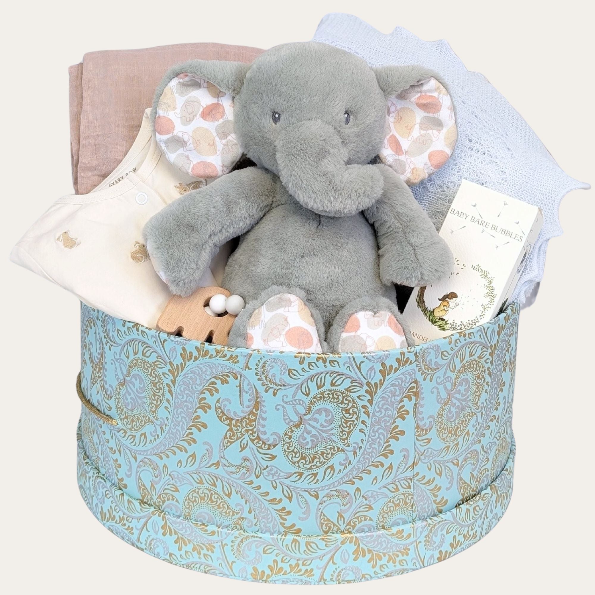 large baby boy gifts hamper box with elephant, blanket and sleepsuit.