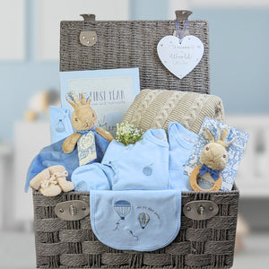 Large baby boy gifts hamper with peter rabbit theme.