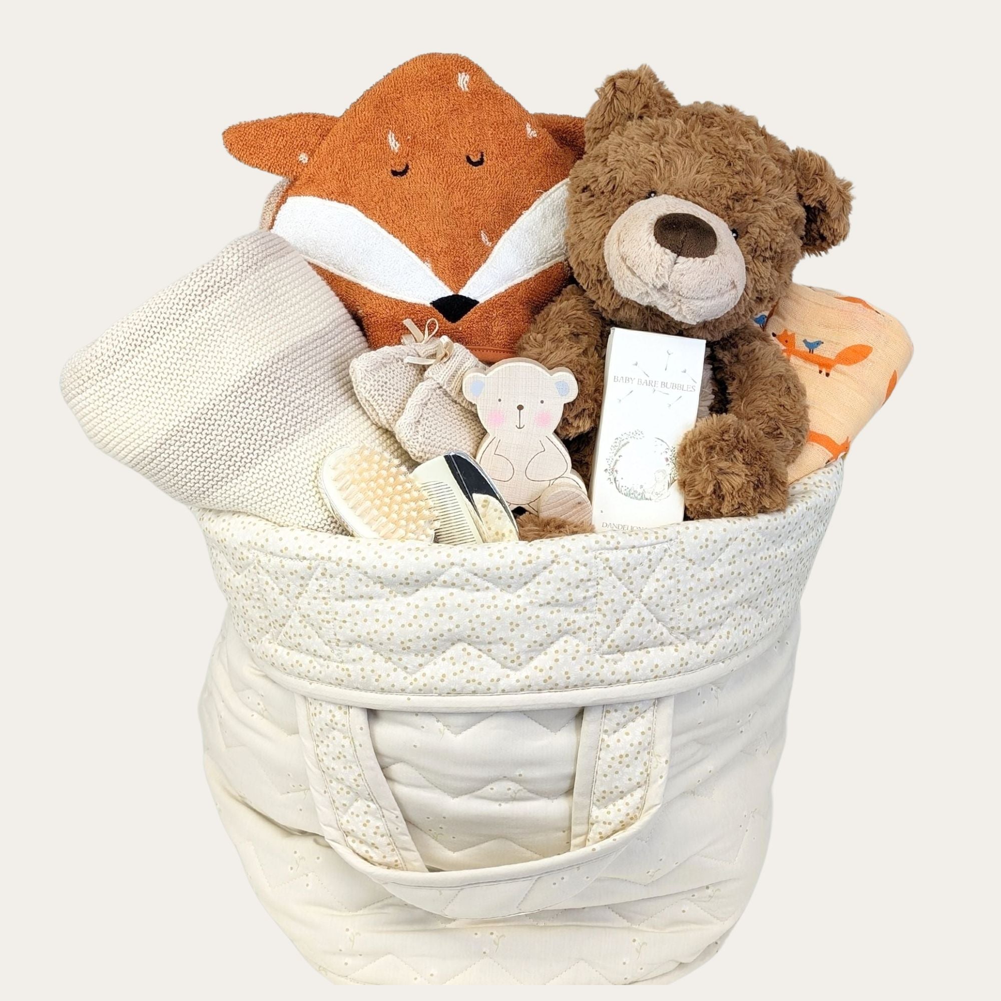 Large baby gifts hamper with bear toy and fox towel in a storage basket - by Bumbles and Boo.