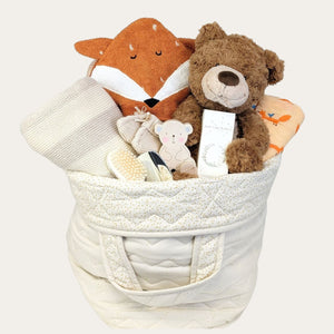 large baby gifts hamper with bear and fox in a large storage basket