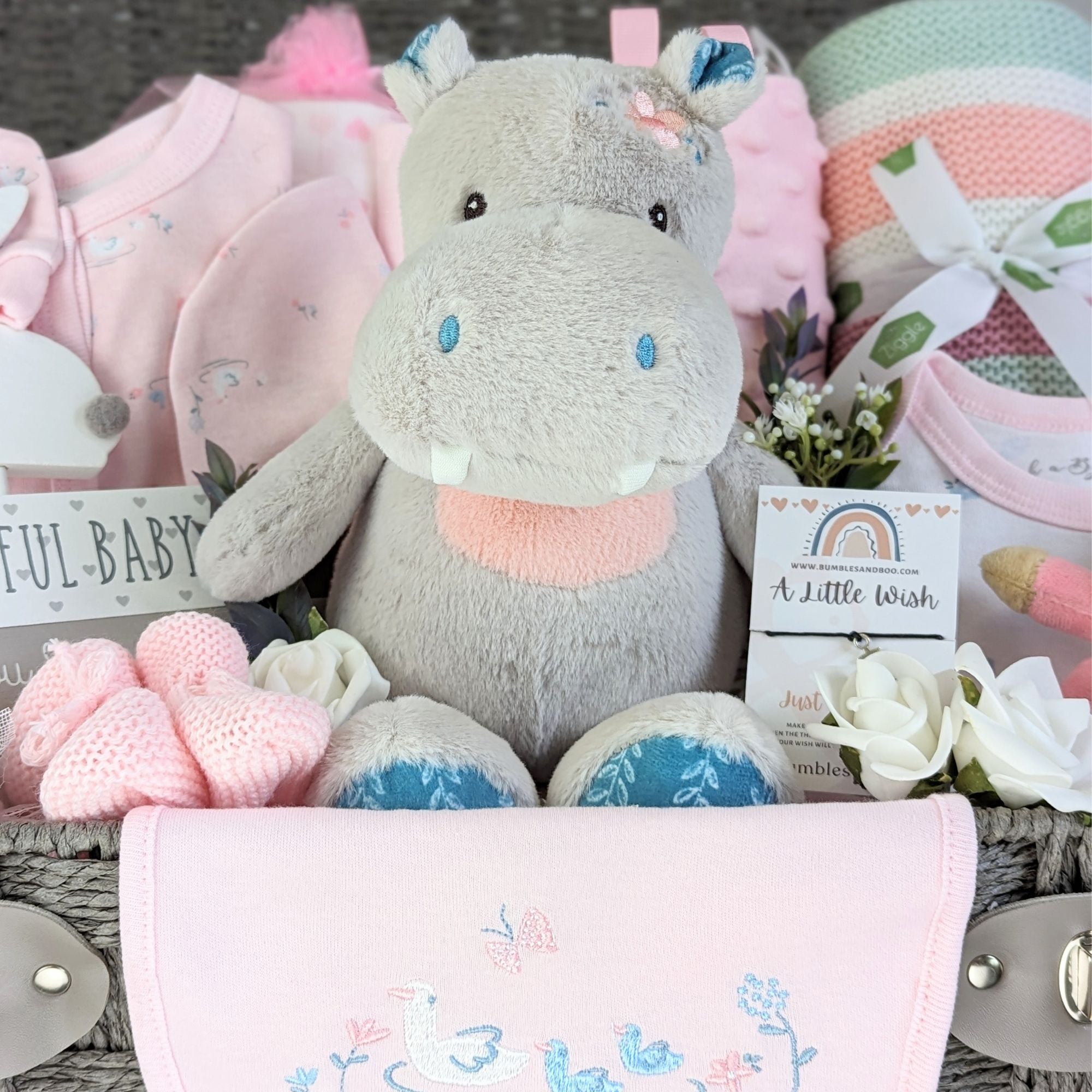 large baby girl hamper with hippo and flopsy bunny