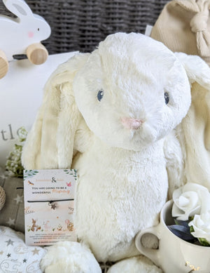 mum to be gift hamper features a photo album, baby blanket, chubby eco bunny, wish string for mummy, muslin squares and more!