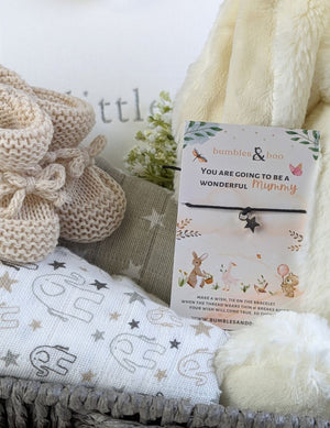 mum to be gift hamper features a photo album, baby blanket, chubby eco bunny, wish string for mummy, muslin squares and more!