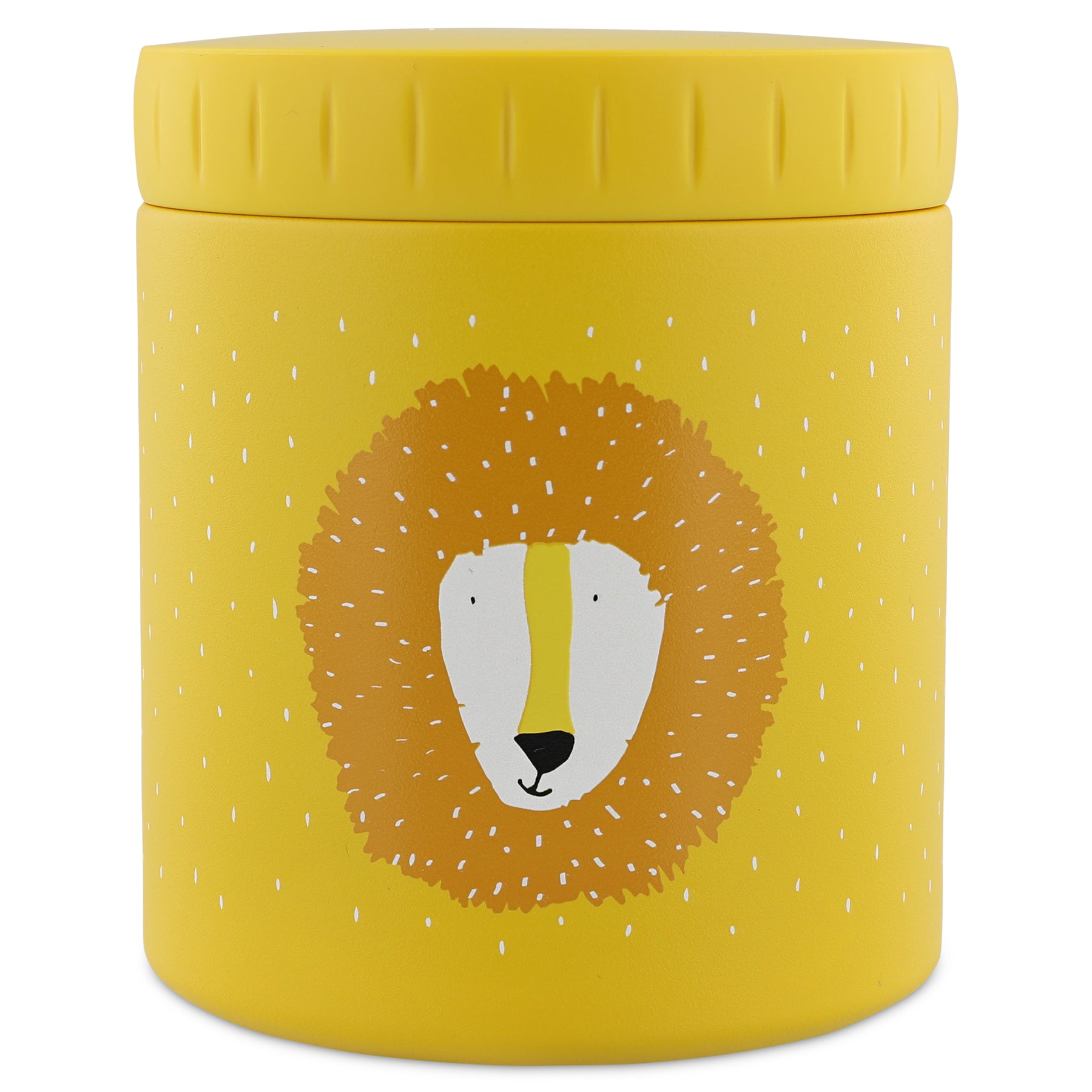 Insulated stainless steel food jar with friendly lion face, keeps food warm or cold, leakproof, lightweight, easy to open, and food-safe