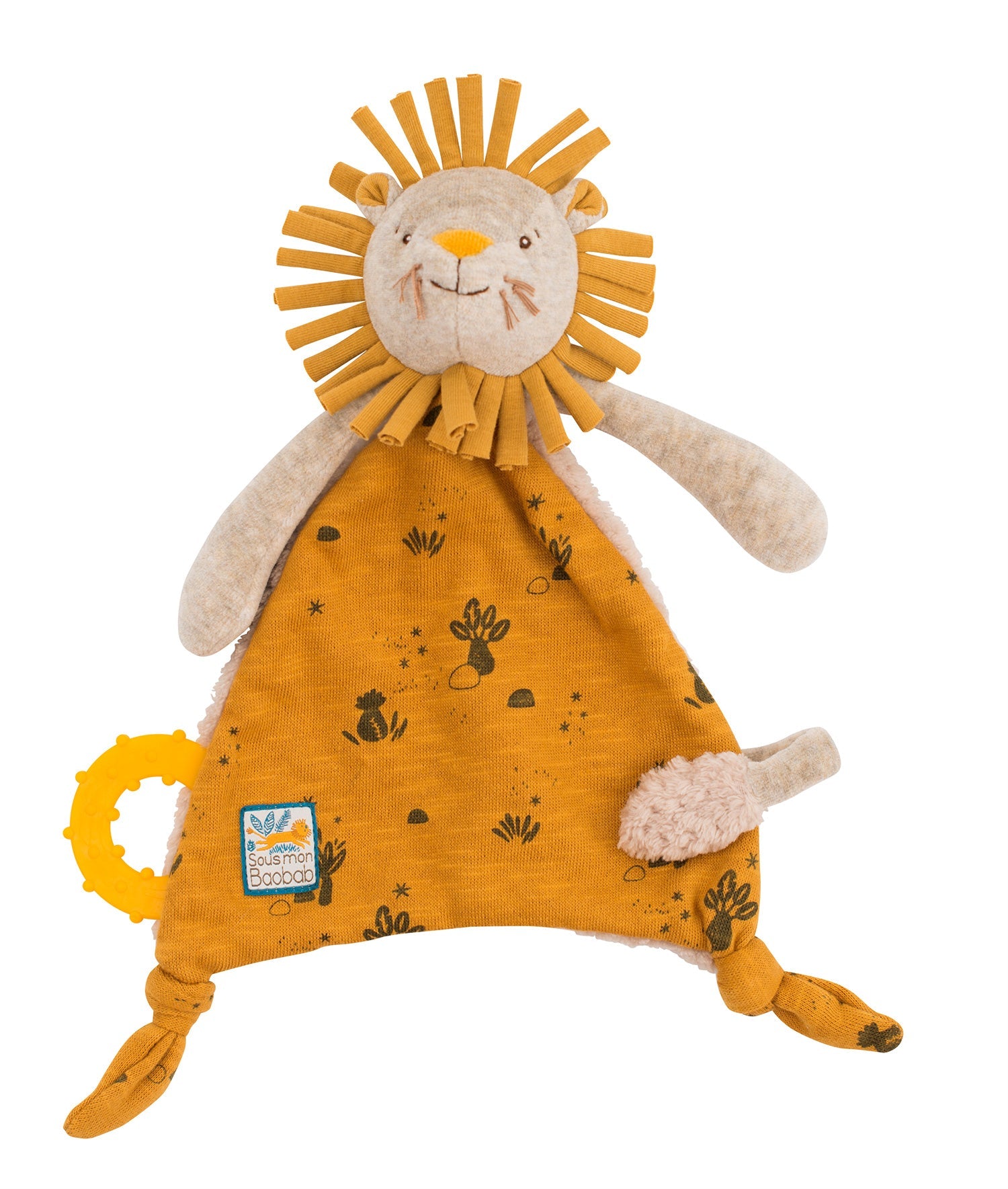 Lion comforter soother with dummy pacifer holder in bold yellow