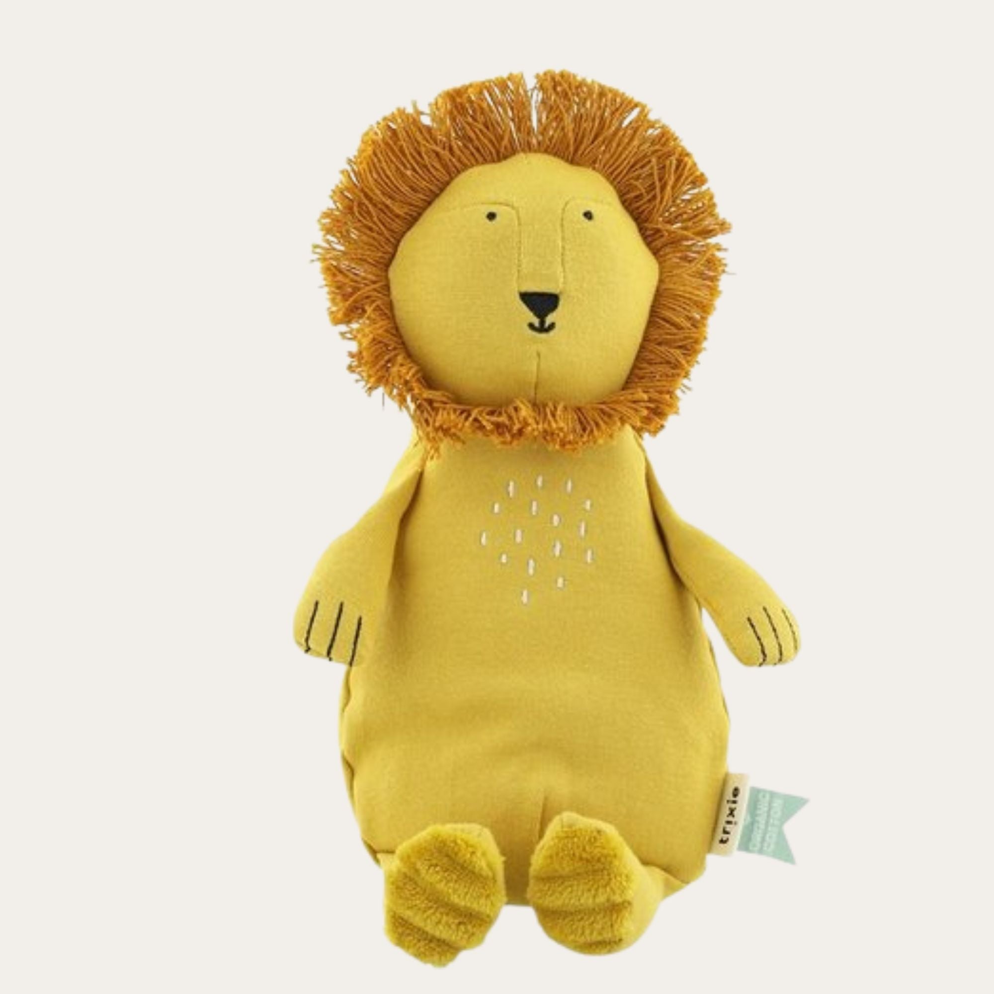 soft lion baby toy in yellow made out of organic cotton