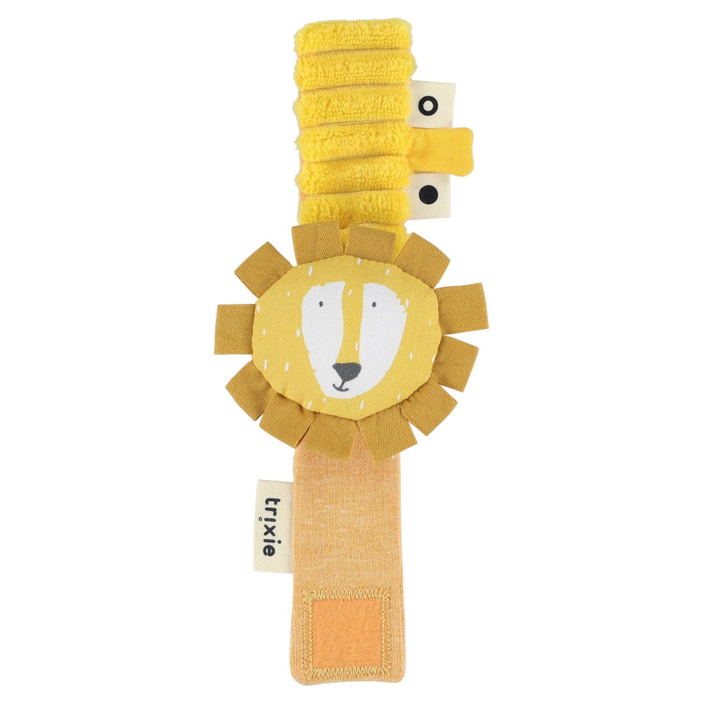 Bright engaging yellow soft wrist rattle with a smiling cute lion face