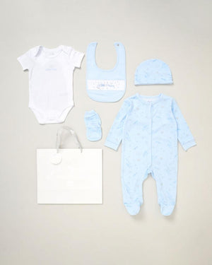 Little Prince blue 5-Piece 100% Cotton Clothing Gift Set with All-in-One sleepsuit, cosy bodysuit, matching hat, practical bib, and adorable mittens. Perfect for newborns