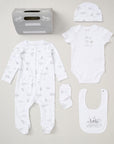 Unisex white baby clothing gift set with rainbow print and the wording 'little one' on the bib bumbles and boo